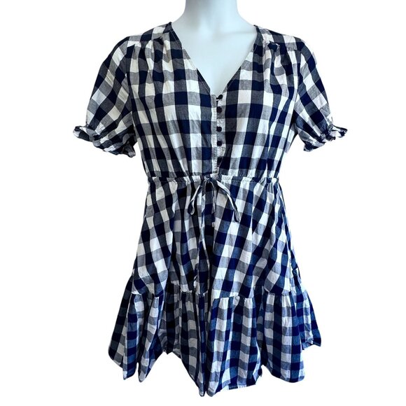 Boho Australia Navy Gingham Button Front V-neck Mini Dress Size M Short Sleeve - Picture 1 of 12